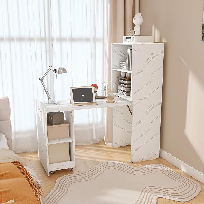 Fold Out Desk with Storage Shelves, Convertible Murphy Table, Mid Century Pull Out Home Office Desk with Mobile Wheels, Hidden Writing Desks for Small Spaces (White Marble)