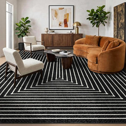 Latte&Fog 10x14 Area Rug for Living Room, Extra Large Black Modern Abstract Washable Rugs, Boho Non Slip Low Pile Carpet for Indoor Bedroom Dining Room, Office, Dorm, Classroom and Farmhouse