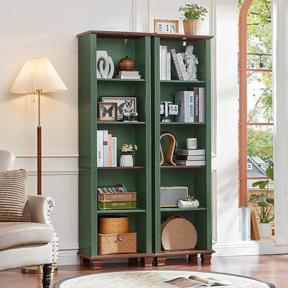 SAVOR LIFE 70" Tall Narrow Book Shelf, Wood Skinny Bookshelf with Adjustable Shelves & Wooden Legs, Farmhouse Bookcase w/5-Tier Storage, Free Standing Bookshlves for Office, Living Room, Green, 2PCS