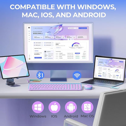 seenda Bluetooth Keyboard and Mouse for iPad, CTU-301 Wireless Multi-Device Connection Bluetooth+2.4G Keyboard Mouse Combo with Tablet Holder for iPad/Macbook/Windows, iOS/Android/Phone, Blue & Purple