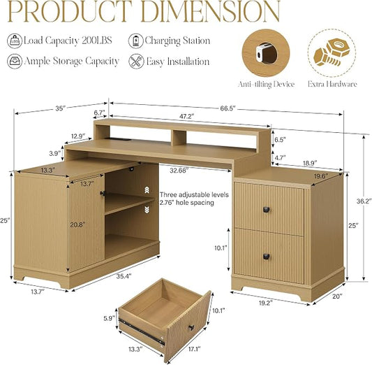 67" L Shaped Executive Desk with Drawers & Storage Shelf, Corner Computer Desk with Power Outlets, Home Office Desk with Monitor Stand, Printer Shelf, Computer Writing Desk for Work, Oak