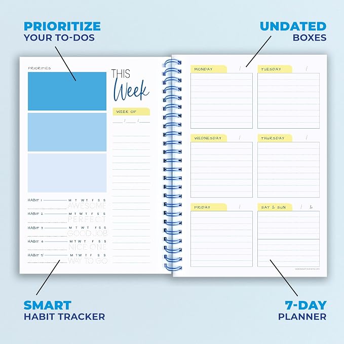 Weekly Planner Spiral Bound Notebook A5 - Undated Planner - To Do List Notebook - Habit Tracker - 52 Weeks - Daily Planner Undated for Home Work Office Business - Goal Planner - Cute Planner - Blue