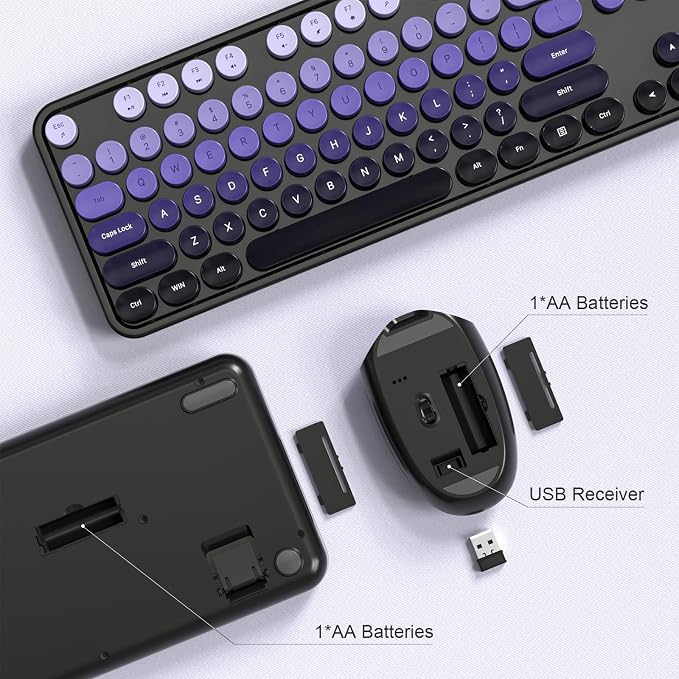 Wireless Keyboard and Mouse Combo, MOWUX Colorful Computer Full Size 2.4G Plug and Play Wireless Typewriter Keyboard and Mouse Set for Computer, Desktop, PC (Black& Purple Gradient)