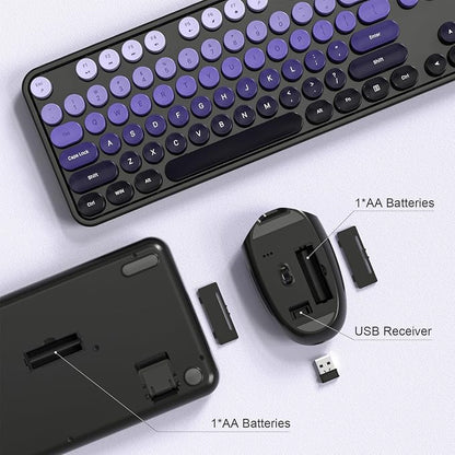 Dilter Wireless Keyboard and Mouse Combo, 104 Keys Full-Sized Typewriter Keyboards, 2.4 GHz USB Receiver Plug and Play for Windows, PC, Laptop, Desktop (Black Purple)