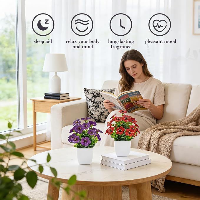 Der Rose 4 Pack Fake Plants with Scented Fragrance Tablets Artificial Flowers for Bathroom Bedroom Office Desk Spring Decor