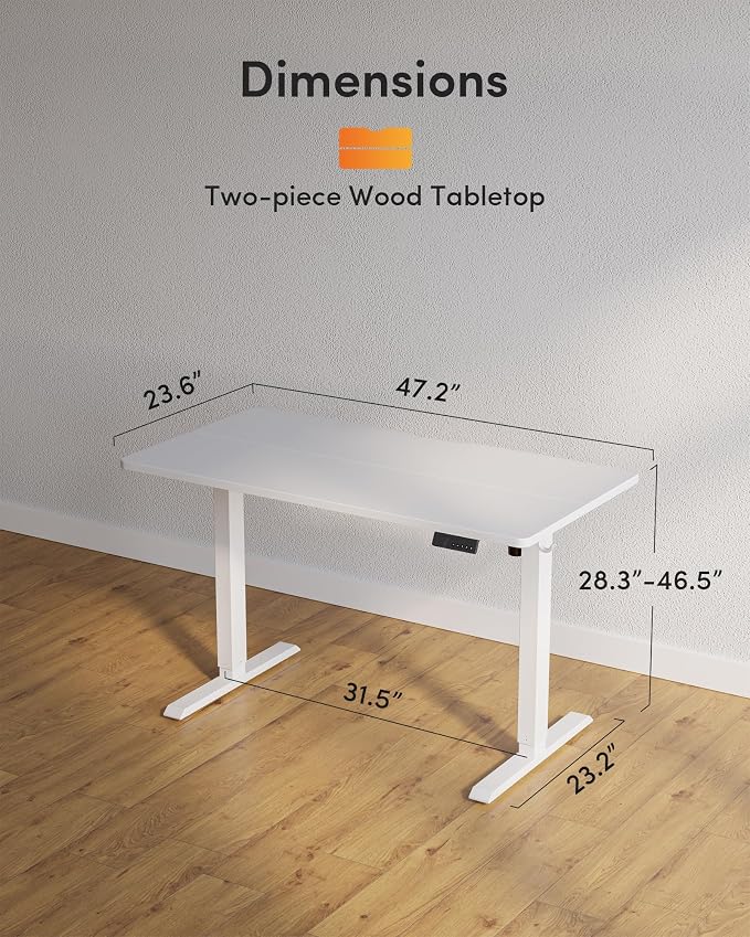 DESINO Standing Desk, 48 × 24 Inches Electric Height Adjustable, Sit and Stand Up, Computer Office Desk with Splice Board, White Frame/White TOP