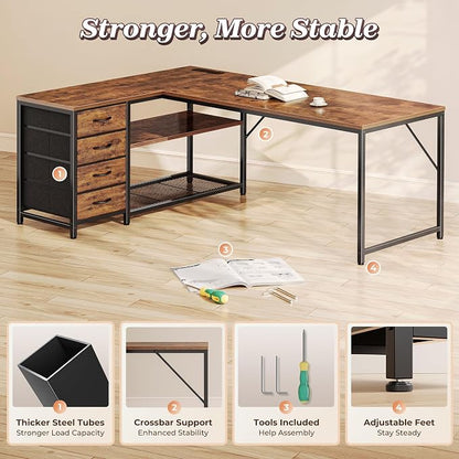 PRAISUN 61" L Shaped Desk with Power Outlets & USB-C Port, Reversible Computer Corner Office Desk with 4 Fabric Drawers and 2 Storage Shelves, Large Desk for Gaming Writing Study, Rustic Brown