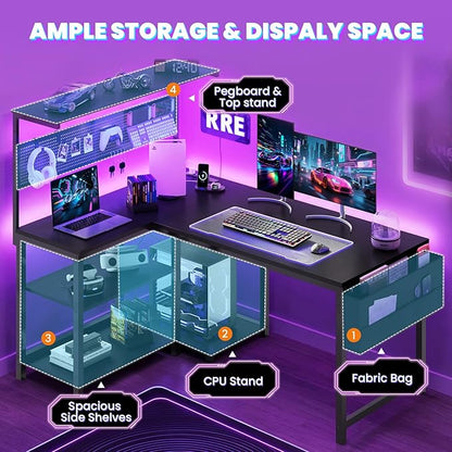 Apicizon L Shaped Desk Gaming Desk with LED Light & Power Outlet, 47 Inch Reversible Computer Desk with Pegboard & Shelf & Storage Bag for Home Office, Black