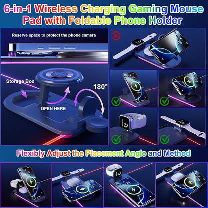HAUTOCO Wireless Charging Mouse Pad 15W RGB Gaming Mousepad Waterproof Desk Mat with Phone Holder 35.4''x11.8'' Extra Large Desk Pad Non-Slip Base Computer Keyboard Mat for PC Laptop, Black