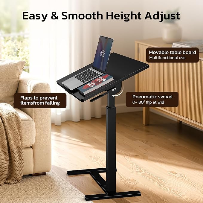 Mobile Standing Desk Adjustable Overbed Table, Pneumatic Height Adjustable Rolling Laptop Desk with Hidden Wheels, 0-180°Tilt Top Rolling Computer Cart Foldable for Home Office, Craft & Study, Black