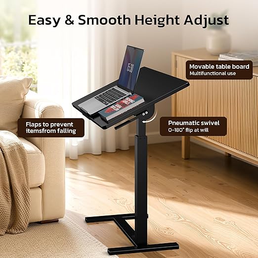 Mobile Standing Desk Adjustable Overbed Table, Pneumatic Height Adjustable Rolling Laptop Desk with Hidden Wheels, 0-180°Tilt Top Rolling Computer Cart Foldable for Home Office, Craft & Study, Black