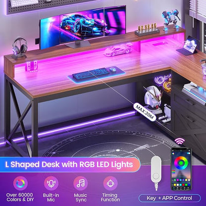 SEDETA L Shaped Gaming Desk with Drawers, 55" Farmhouse Computer Desk with File Drawer and Storage Shelves, Corner Gaming Desk with LED Lights and Monitor Shelf, Black and Brown