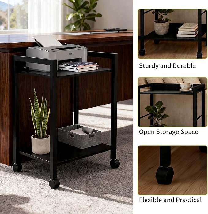 Small Printer Stand with Storage, 2-Tier Minimalist Printer Table, Rolling Cart for Home Office, Fits Small Desktop Printers, Scanner, Fax Machine.Size:17 "L × 12" W × 22" H,Black