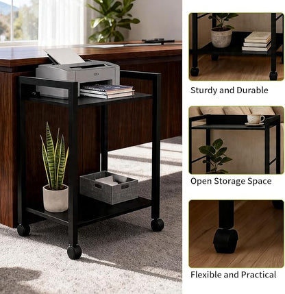 Small Printer Stand with Storage, 2-Tier Minimalist Printer Table, Rolling Cart for Home Office, Fits Small Desktop Printers, Scanner, Fax Machine.Size:17 "L × 12" W × 22" H,Black