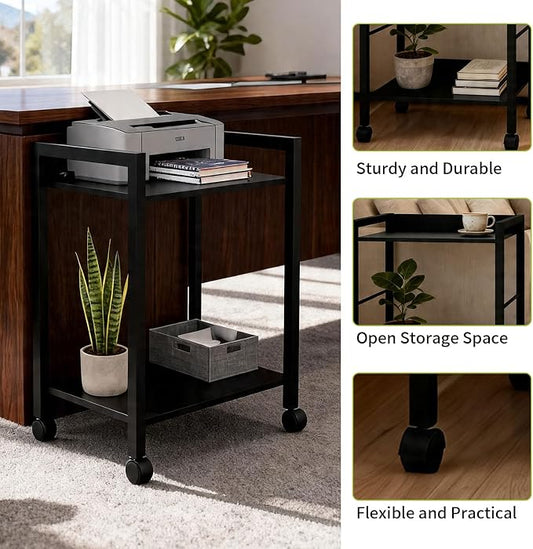 Small Printer Stand with Storage, 2-Tier Minimalist Printer Table, Rolling Cart for Home Office, Fits Small Desktop Printers, Scanner, Fax Machine.Size:17 "L × 12" W × 22" H,Black