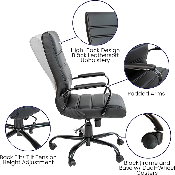 Merrick Lane Milano Contemporary High-Back Black Faux Leather Home Office Chair with Padded Black Arms