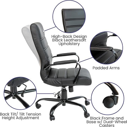 EMMA + OLIVER Faux Leather High-Back Swivel Home Office Desk Chair with Wheels, Padded Seat, and Armrests, Adjustable Height Multipurpose Office Chair, Black