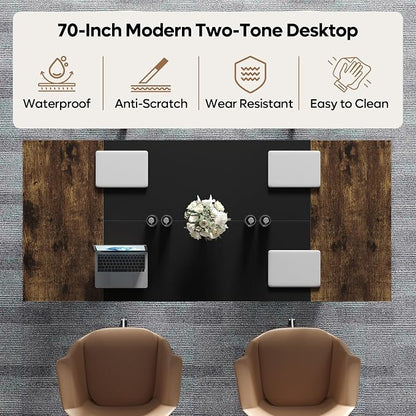 Bestier 70 Inch Large Executive Desk, Modern Simple Computer Office Desk with Thickened Desktop, Wood Metal Conference Room Table for Home Office, Business & Writing, Rustic Brown