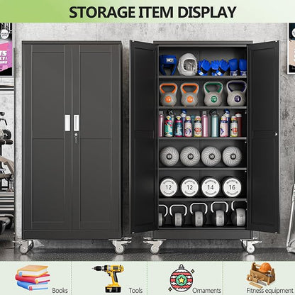 Metal Garage Storage Cabinets and storage system, 74”Tall Rolling utility cabinet with Wheels, Lock, 5 Adjustable Shelves, Heavy Duty Steel Tool Locker for Home Office, Utility Room, Gym,Black