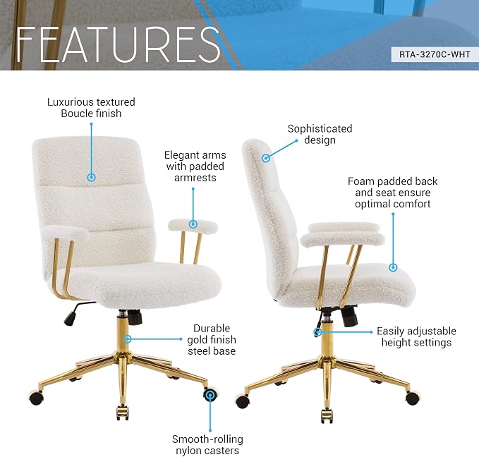Elegant White and Gold Fuzzy Office Chair with Textured Boucle Fabric, Modern Desk Chair with Padded Seat, Height Adjustable with Durable Gold Base