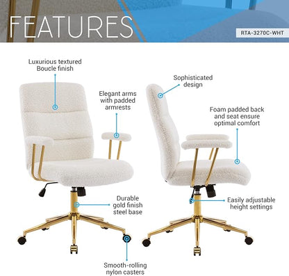Elegant White and Gold Fuzzy Office Chair with Textured Boucle Fabric, Modern Desk Chair with Padded Seat, Height Adjustable with Durable Gold Base