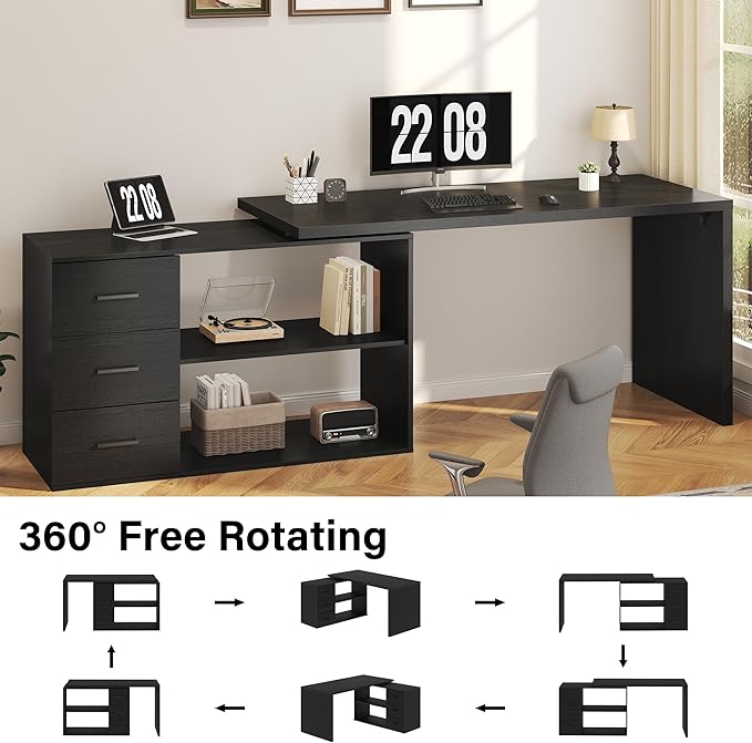 HSH L Shaped Office Desk with Drawers Shelves 55-76 Inch, Corner Computer Desk with Storage 360 Rotating Long for Executive, Work, Study, Writing, Teacher, Bedroom Modern Gaming Table Black