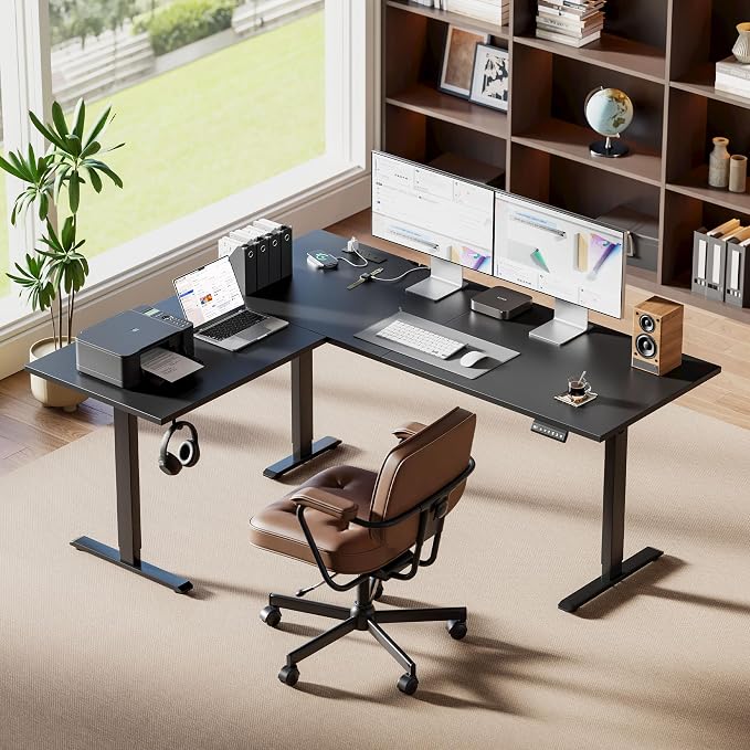 Agilestic Electric L Shaped Standing Desk 63 x 48 Inch with Power Outlet, Height Adjustable Corner Stand up Desk with Cable Management,Sit Stand Home Office Workstation with Splice Board, Black