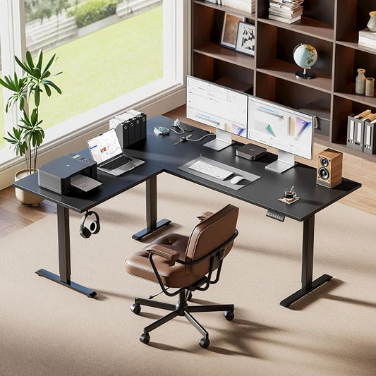Agilestic Electric L Shaped Standing Desk 63 x 55 Inch with Power Outlet, Height Adjustable Corner Stand up Desk with Cable Management,Sit Stand Home Office Workstation with Splice Board, Black