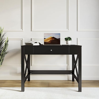 Lavish Home Writing Desk - Modern Desk with X-Pattern Legs and Drawer Storage - for Home Office, Bedroom, Computer, or Craft Table (Black)