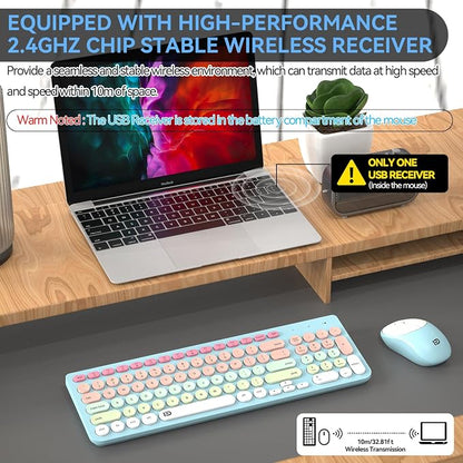 Wireless Keyboards Mouse Combos, Colorful Cute Typewriter Full-Size Retro Round Keyboard, 2.4GHz Sleep Mode Office Quiet Wireless Creamy Keyboard and Mouse Set for Desktop Laptop PC Computer-Blue