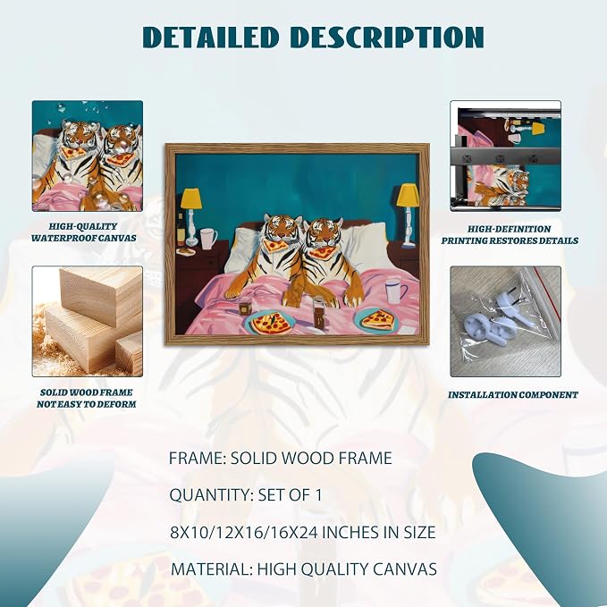 Framed Tiger Pizza Wall Art, Dopamine Wall Decor Canvas Print, Vintage Fun Tiger Eating Pizza in Bed Poster, Abstract Animal Picture Painting Art for Bedroom Living Room Home Decor 8x10 inch