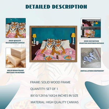 Framed Tiger Pizza Wall Art, Dopamine Wall Decor Canvas Print, Vintage Fun Tiger Eating Pizza in Bed Poster, Abstract Animal Picture Painting Art for Bedroom Living Room Home Decor 8x10 inch