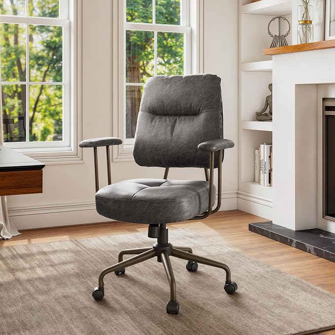 EUREKA ERGONOMIC Becky Home Office Desk Chairs Leather, Comfy Office Chair with Lumbar Support and Arms, Mid-Back, Comfortable Thick Cushion, Height Adjustable, Mid-Century Modern, Gray