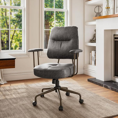 EUREKA ERGONOMIC Becky Home Office Desk Chairs Leather, Comfy Office Chair with Lumbar Support and Arms, Mid-Back, Comfortable Thick Cushion, Height Adjustable, Mid-Century Modern, Gray