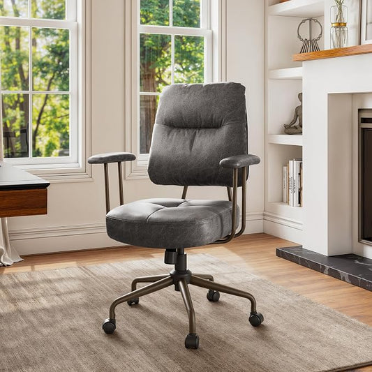 EUREKA ERGONOMIC Becky Home Office Desk Chairs Leather, Comfy Office Chair with Lumbar Support and Arms, Mid-Back, Comfortable Thick Cushion, Height Adjustable, Mid-Century Modern, Gray