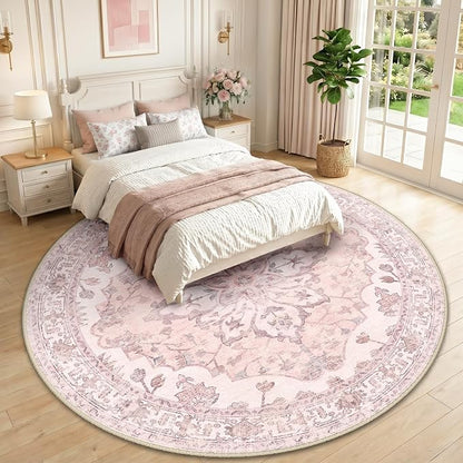 RELEANY Area Rugs Round 10ft Washable Non-Slip, Floral Vintage Distress Medallion Carpet for Living Room Bedroom Dining Room, Pink Greypink Cute