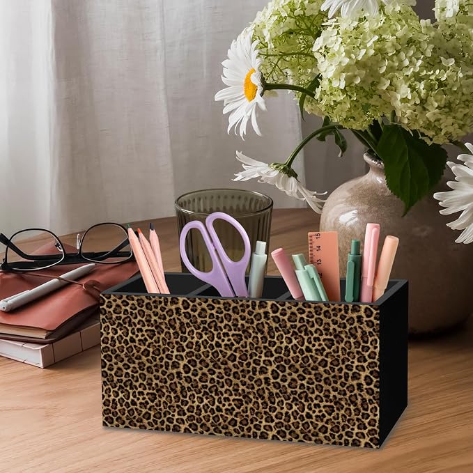 DILSJ Trendy Retro Leopard Print Pen Pencil Holder Organizer for Desk, Cheetah Room Decor, Leopard Print Gifts for Women, Cheetah Wooden Box Signs for Girly Bedroom Dorm Desk Tabletop Decor Supplies