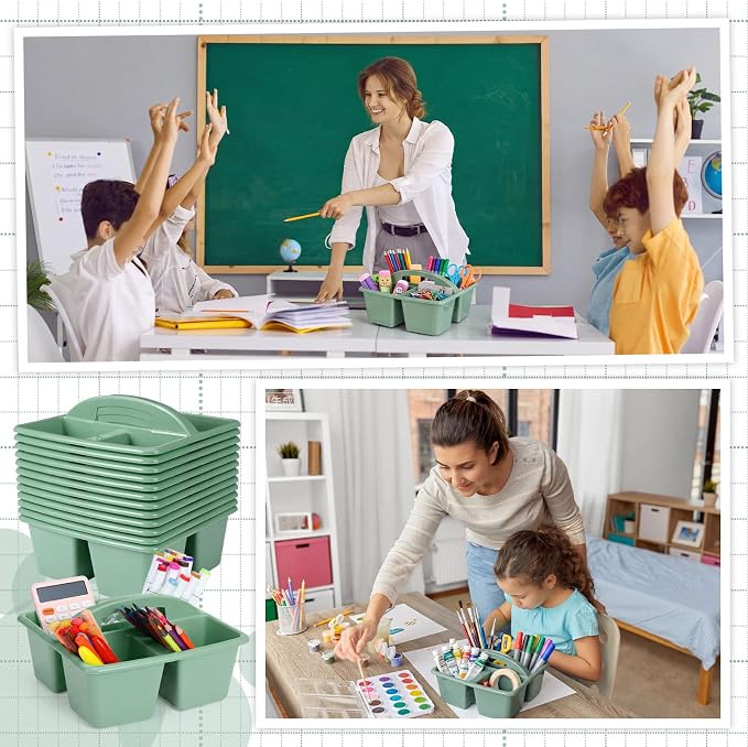 Geetery 12 Pack Eucalyptus Green Plastic Portable Storage Caddy, Sturdy 3 Compartment Table Organizer Caddy with Handle for Home Office Bathroom Countertop Vanity Desk Utility Supplies Storage