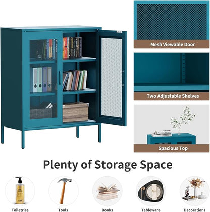 Washsemba Metal Storage Cabinet with Mesh Doors,Steel Display Cabinet with Adjustable Shelves,Metal Office Storage Locker for Home Office,Garage(Blue, 40''H)