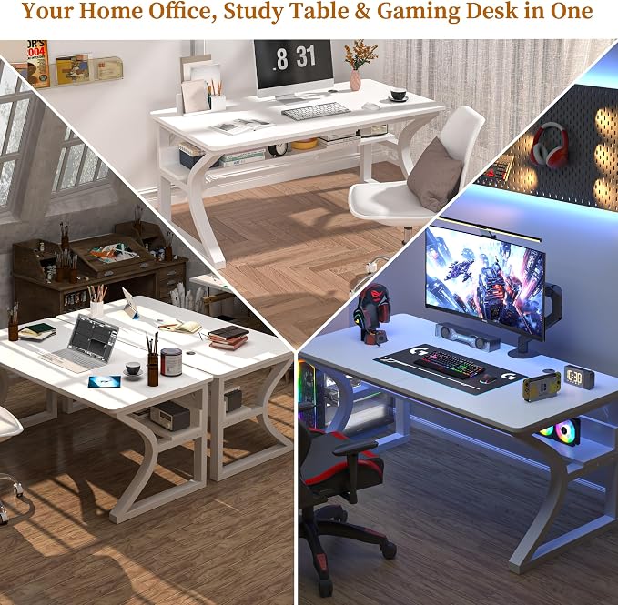 55 X 23.6'' Computer Desk, Home Office Desks w/Shelf Storage, Computer Desk w/Metal Frame, Cable Management, Study Student Desk Writing Work Table Deeper & Thicker Desktop for Home Bedroom