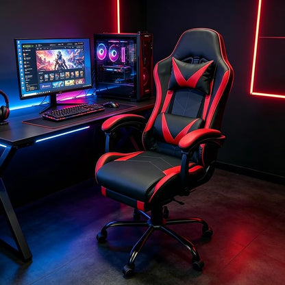 Gaming Chair, Ergonomic Computer Chair with Footrest and Lumbar Support, Height Adjustable Video Game Chair with 360° Swivel Seat and Headrest for Office, Home, Streaming and Gaming (Red)