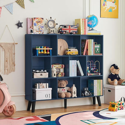 LEYAOYAO 10 Cube Bookshelf,3 Tier Modern Wide Bookcase with Legs,Mid-Century Wood Bookshelves Storage,Dark Blue Large Book Case,Freestanding Organizer Display Shelf for Bedroom,Living Room,Office