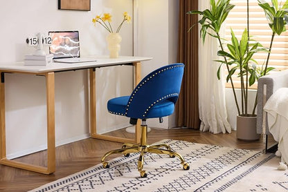 VINGLI Modern Velvet Small Office Chair,Cute Desk Chair with Wheels,Gold Base/Studs, Comfy Armless Swivel Vanity Task Chair for Women/Girl/Kids, Nail Tech Chair for Bedroom,Small Space,Navy Blue