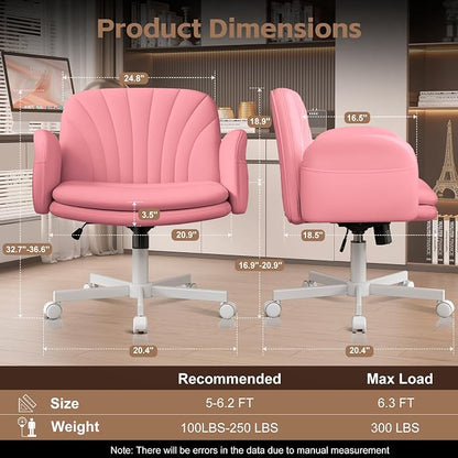 Vonesse Criss Cross Office Chair with Wheels & Armrests, Height Adjustable Vanity Chair, Makeup Chairs with Side Pockets Design, Comfortable Computer Desk Chairs for Home (PU Leather,Pink)