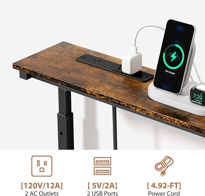 GRLEAF 45" Adjustable Height Narrow Console Table with Power Outlets, Long Sofa Table with Charging Station Behind Couch Table Skinny Entryway Table for Living Room, Hallway and Office – Rustic Brown