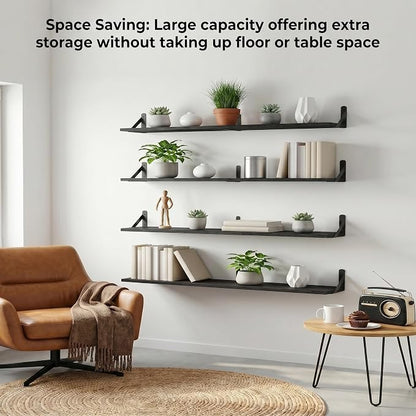 Long Wall Shelf,Large Floating Shelves for Wall,Wood Floating Bookshelves Hanging,Book Storage Display for Living Room Bedroom Office Bathroom Decor,4 Pack,57 Inch,Rustic Black
