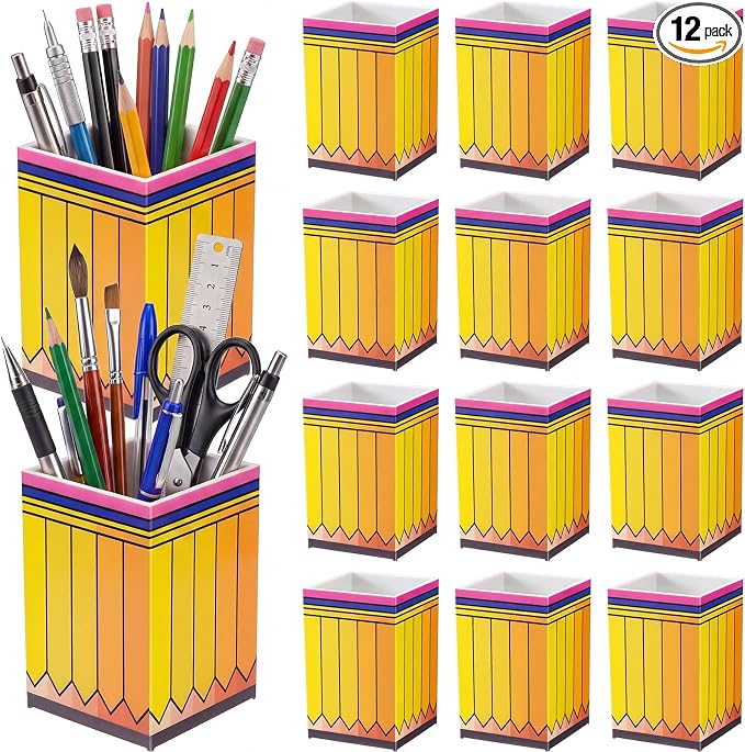 Ctosree 12 Pack Pencil Shaped Pen Holders for Classroom Back to School Supplies Cute Desktop Pencil Cup Creative Stationery Storage Organizer for Office Gifts Student Teachers Desk Storage Organizer