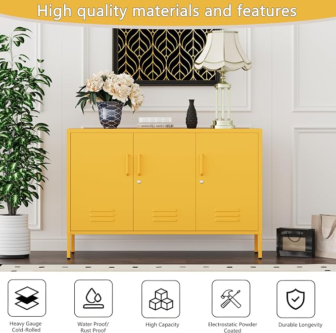 47.5" Wide Yellow Metal Storage Cabinet with Lock and Ventilated Doors, 2 Adjustable Shelves, Heavy Duty Home Metal Accent Locker for Kitchen Office Living Room Hallway