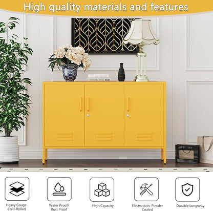 47.5" Wide Yellow Metal Storage Cabinet with Lock and Ventilated Doors, 2 Adjustable Shelves, Heavy Duty Home Metal Accent Locker for Kitchen Office Living Room Hallway