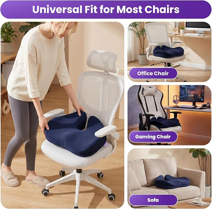 ZZ-WELL Seat Cushions for Office Chairs, Coccyx Cushion for Tailbone Pain Pressure Relief, Memory Foam Butt Pillows for Long Sitting, Patented Design, Extra Large & Thick, 21.2 Inches (Navy Blue)